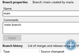 Branch properties, displaying all merges where the branch was involved (both merge-from and merge-to).
