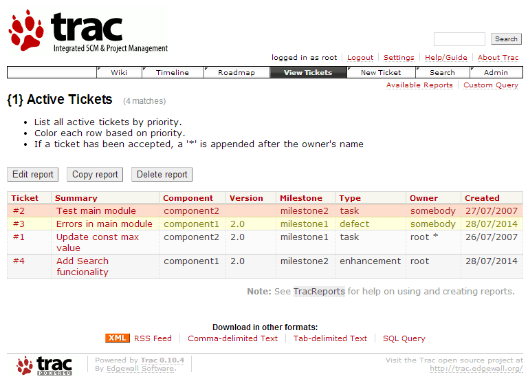 List of tickets in Trac