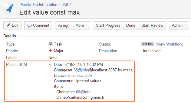 Jira issue detail - changeset - Plastic SCM check in information