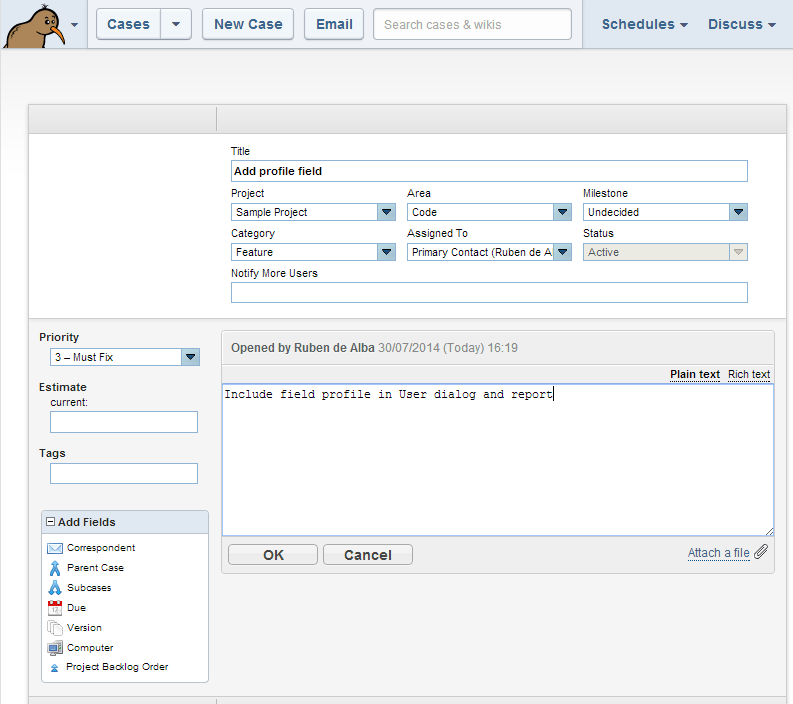 Creating a new issue in FogBugz