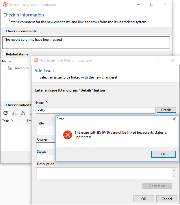 Checking work item statuses when using the 'Task on changeset' working mode