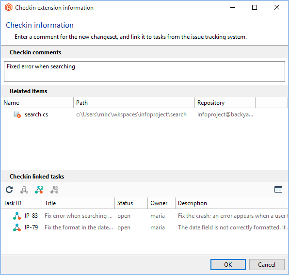 Add issue dialog, to associate a task with a changeset when performing a checkin operation