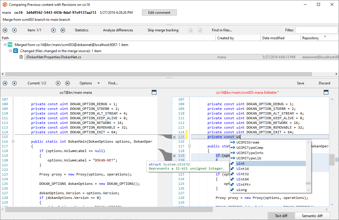 Plastic SCM GUI - Windows - Text diff is editable