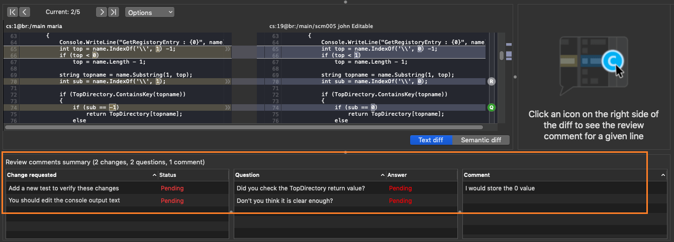 Plastic SCM GUI - macOS - Comments pane in the Code Review window