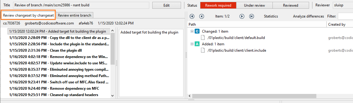 Plastic SCM GUI - Windows - Review changeset by changeset