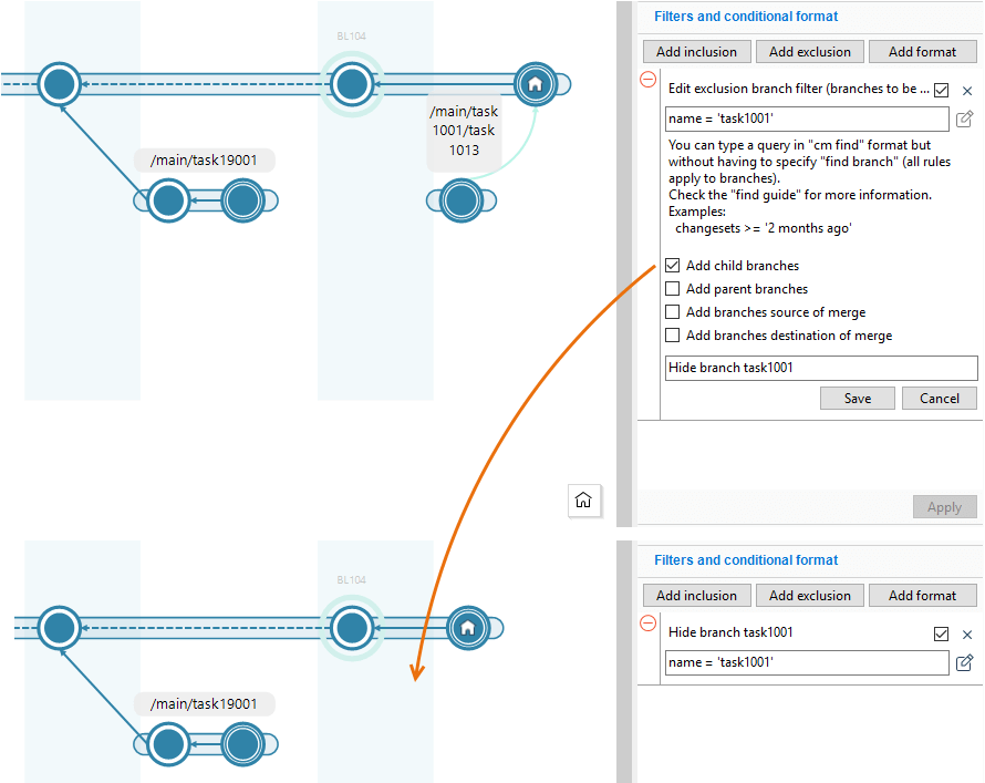Branch Explorer - Exclusion example: Hide branch and children with certain name