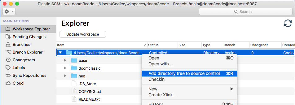 Plastic SCM GUI - Mac OS - Add directory tree to source control