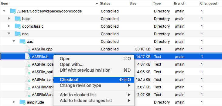 Plastic SCM GUI - Mac OS - Workspace Explorer - Checkout command
