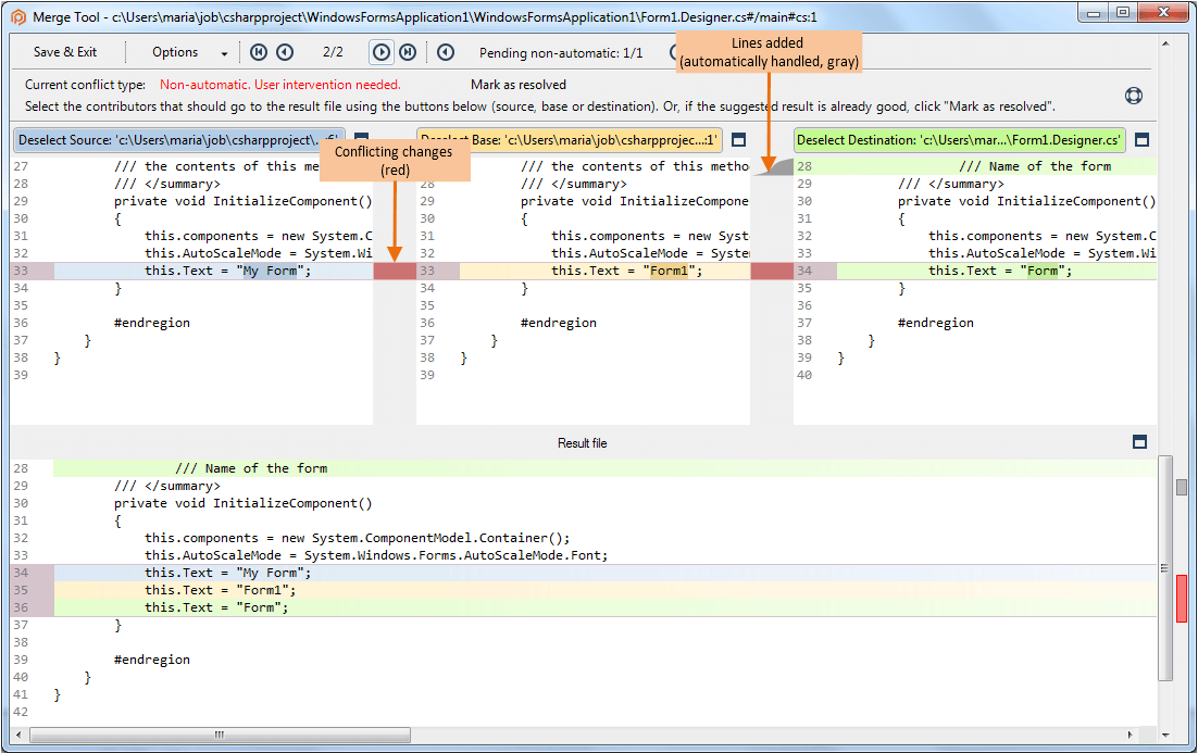 Merging a text-file item in the 3-way Merge tool
