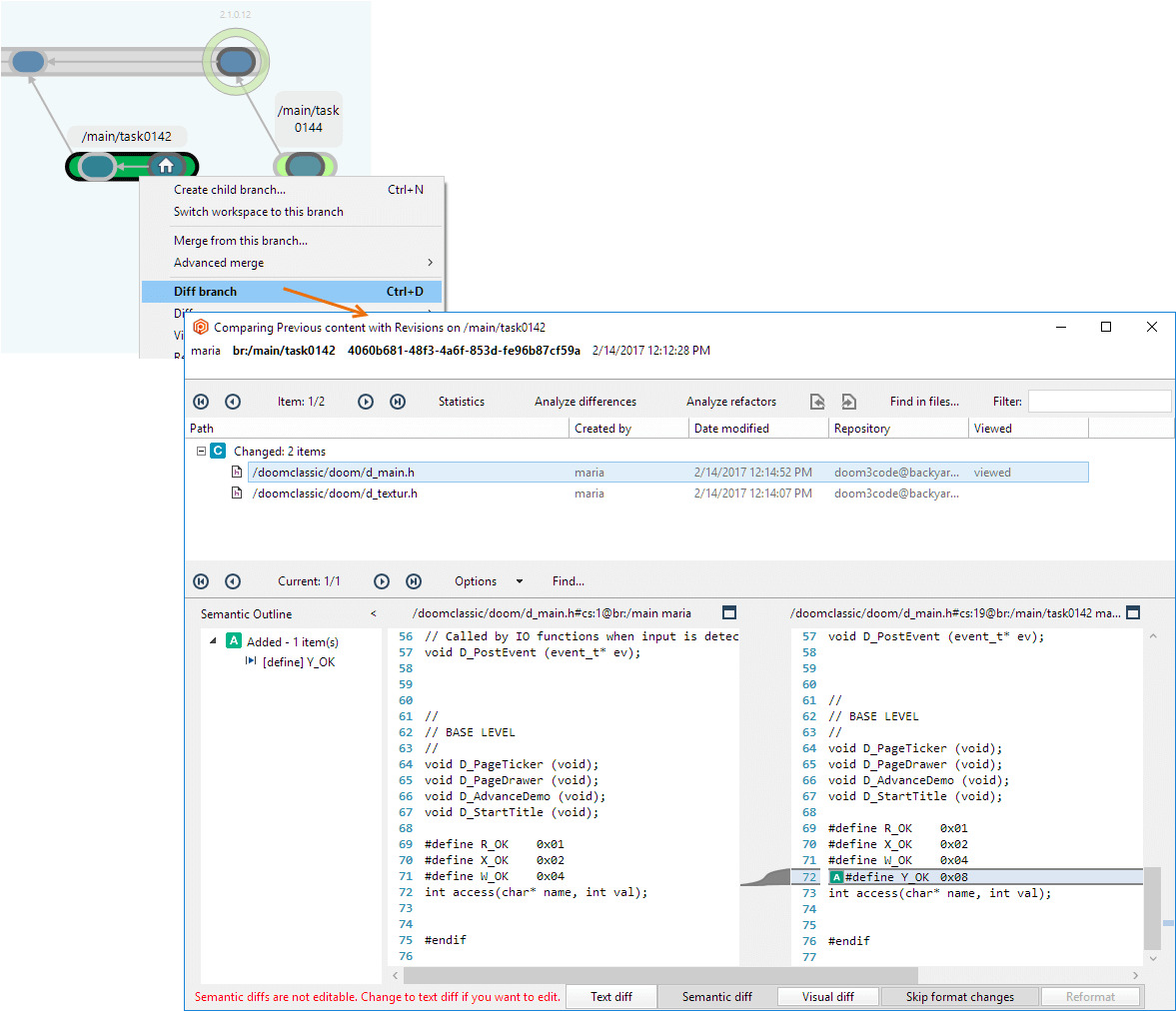Plastic SCM GUI - Windows - Diff branch