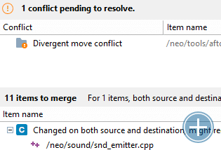 The merge window with a merge in progress. One directory conflict, one file modified by two contributors and a number of automatic merges.