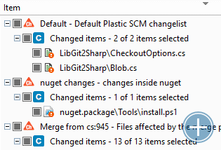 The Pending Changes view helps finding changes and uploading them to the repo. Here it is showing the 'changelists', a custom way to group changed files in your workspace.