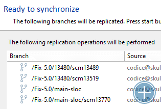 The Sync view ready to start a replication of several branches.